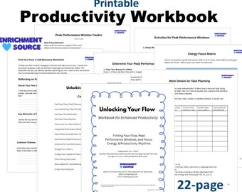 May include: A printable productivity workbook with the title "Productivity Workbook" in large black text. The image includes several pages with titles like "Unlocking Your Flow" and "22-page PDF". The words "Digital Download" are also visible.