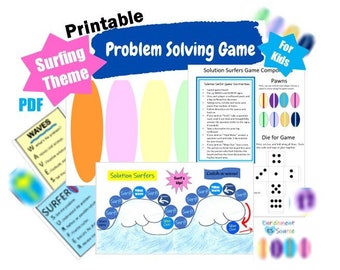 May include: Printable surfing themed problem solving game for kids. The game includes a game board, pawns, a die, and instructions. The game board features a blue wave with surfers riding on it. The pawns are colorful and shaped like surfboards. The die is a standard six-sided die. The instructions are written in English.