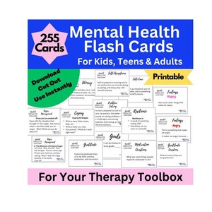 Mental Health Flash Cards, therapy printable flash card bundle, psychologist flash cards, therapy for kids teens adults, counseling tool