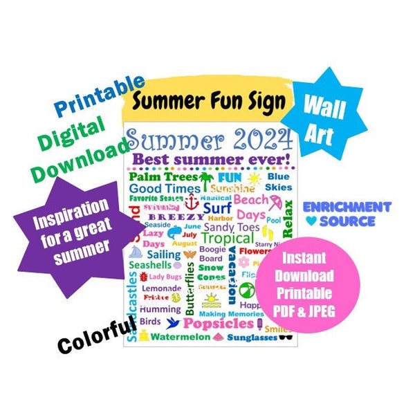 2024 Summer Fun Printable Sign, Summer Inspiration Wall Art, Summertime Ideas and Activities Visual Motivation, Colorful Word Art Display