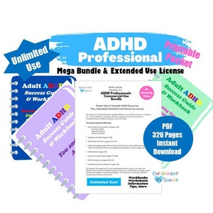 May include: A digital product bundle for ADHD professionals, featuring a pink, blue, and green cover with the text "Adult ADHD Success Guide & Workbook". The bundle includes 326 pages of printable resources, workbooks, worksheets, and information. The text "Unlimited Use!" is visible in the bottom right corner.