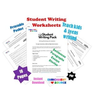 May include: A printable student writing pack with 18 pages of worksheets to help kids and teens learn to write sentences, paragraphs, essays, and stories. The pack includes an instant download and is available in PDF format.