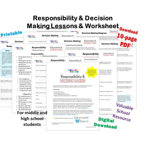 Responsibility and Decision Making Lesson Plan Workbook, Responsible Decision Making, Making Good Choices, Life Skills Worksheets, Resource