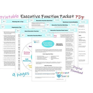 May include: A printable PDF packet with nine pages of resources for executive function skills. The packet includes information about executive function, a wheel with different categories of executive function, flash cards, and worksheets. The packet is designed for children and adults.