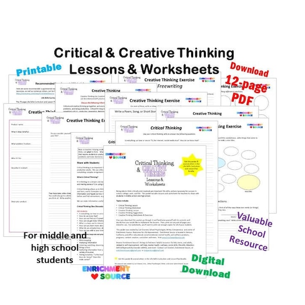 Critical Thinking Creative Thinking Lesson, Worksheets, Exercises for Middle School, High School Students, Life Skills Social Learning