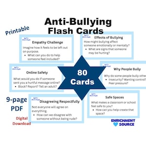 Puede incluir: Tarjetas didácticas contra el acoso escolar con 80 tarjetas. Las tarjetas cubren temas como la empatía, la seguridad en línea y los espacios seguros. La imagen incluye el texto "Imprimible", "PDF de 9 páginas" y "Descarga digital".