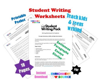 Kids and Teens Writing Lessons, Writing Worksheets Packet, Student English Language Arts Workbook, Write Sentences, Paragraphs, Essays