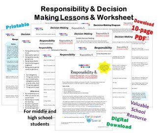 Libro de trabajo del plan de lecciones sobre responsabilidad y toma de decisiones, toma de decisiones responsable, toma de buenas decisiones, hojas de trabajo de habilidades para la vida, recursos