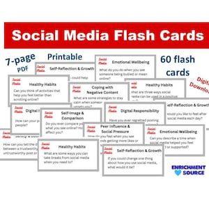 Op de afbeelding: Een set van 60 social media flashcards, een digitale download, met onderwerpen als gezonde gewoonten en emotioneel welzijn. De kaarten zijn printbaar in een 7-pagina's PDF-formaat.