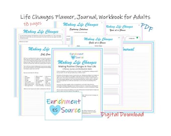 Planejador de mudança de vida adulta, diário, apostila para impressão, fazendo mudanças positivas, estabelecimento de metas, inspiração, visualização guiada, planejamento