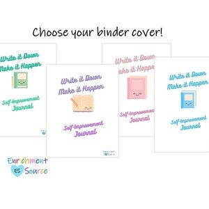 Pode incluir: Quatro designs diferentes de capa de pasta com o texto "Write it Down Make it Happen" e "Self-Improvement Journal". Cada design apresenta um caderno de notas de cor diferente com um rosto de desenho animado bonito.