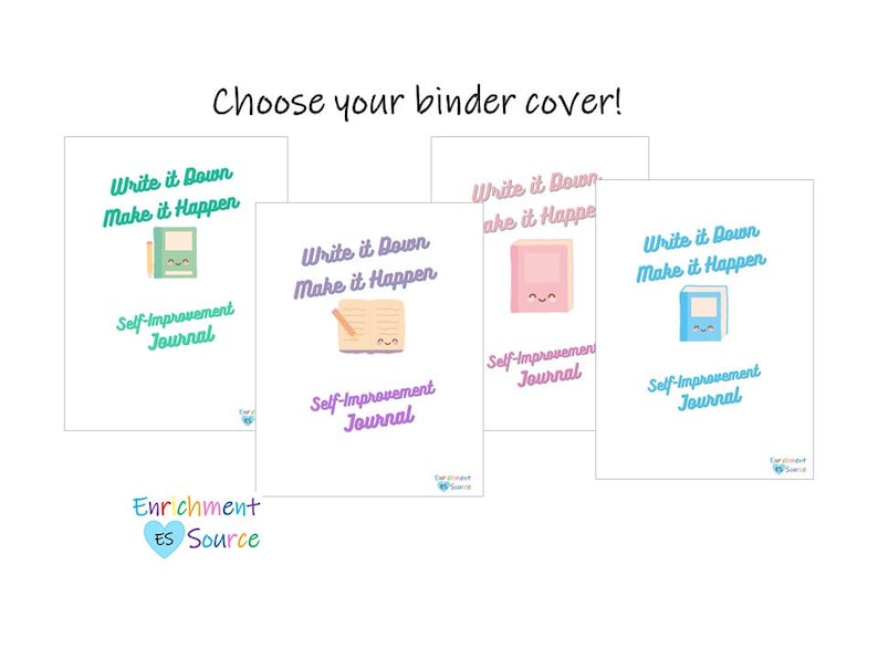 Pode incluir: Quatro designs diferentes de capa de pasta com o texto "Write it Down Make it Happen" e "Self-Improvement Journal". Cada design apresenta um caderno de notas de cor diferente com um rosto de desenho animado bonito.