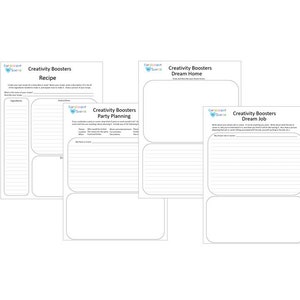 May include: A collection of white paper sheets with the text "Creativity Boosters" and various prompts. The prompts include "Recipe," "Party Planning," "Dream Home," and "Dream Job." Each sheet has lined areas for writing.
