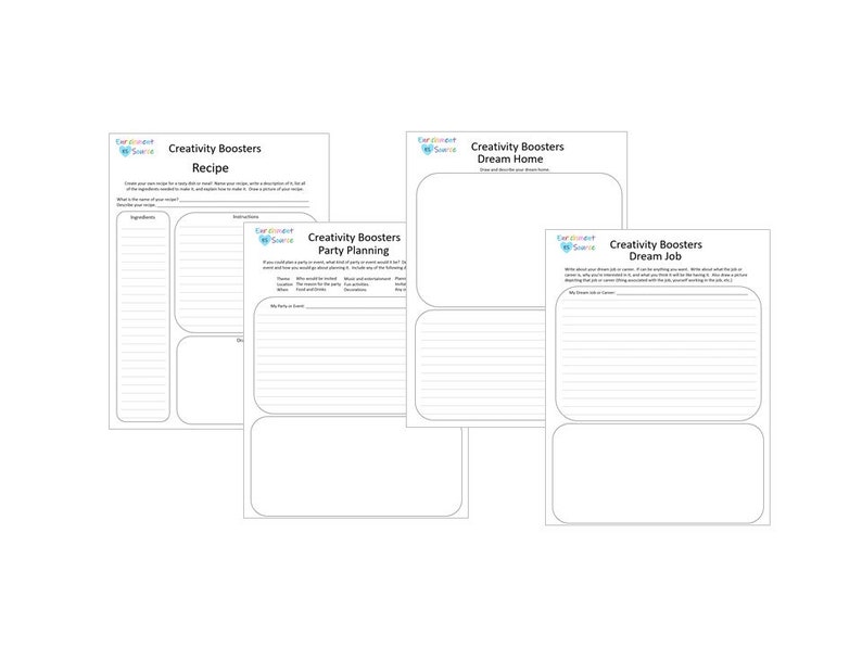 May include: A collection of white paper sheets with the text "Creativity Boosters" and various prompts. The prompts include "Recipe," "Party Planning," "Dream Home," and "Dream Job." Each sheet has lined areas for writing.