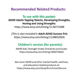 May include: Text on a white background with the title "Recommended Related Products:" and links to Etsy listings for ADHD resources for adults and children. The text includes the phrase "To use with this packet:" and "Children's version (for parents):".