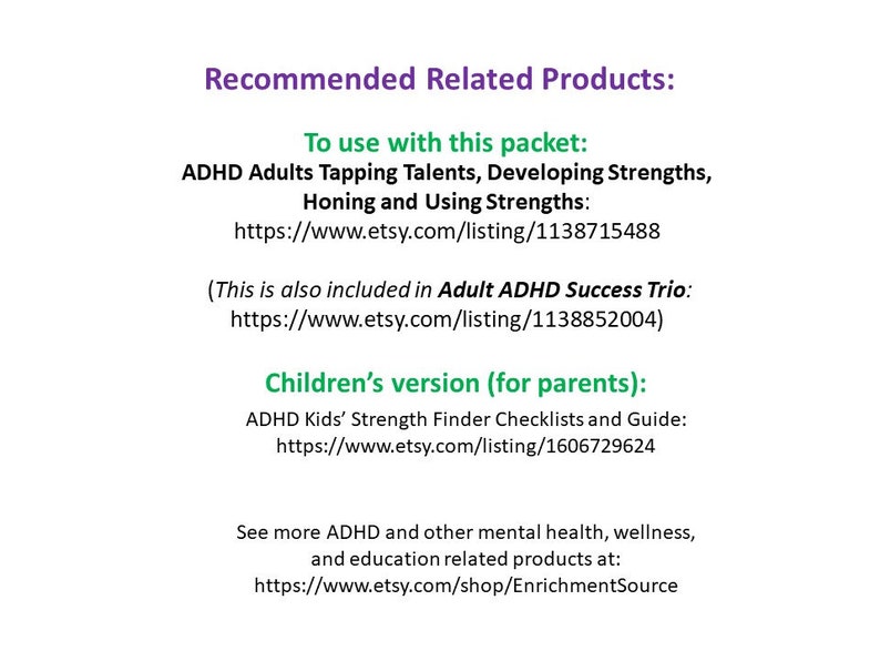 May include: Text on a white background with the title "Recommended Related Products:" and links to Etsy listings for ADHD resources for adults and children. The text includes the phrase "To use with this packet:" and "Children's version (for parents):".