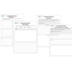 May include: Four white sheets of paper with the text "Creativity Boosters" and various prompts. The prompts include "3 Wishes", "Your Design", "Invention", and "Novel, Play, Movie, TV Show". The sheets have a blue logo in the upper left corner.