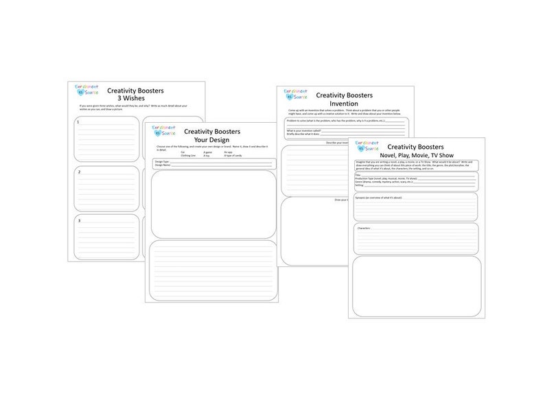 May include: Four white sheets of paper with the text "Creativity Boosters" and various prompts. The prompts include "3 Wishes", "Your Design", "Invention", and "Novel, Play, Movie, TV Show". The sheets have a blue logo in the upper left corner.
