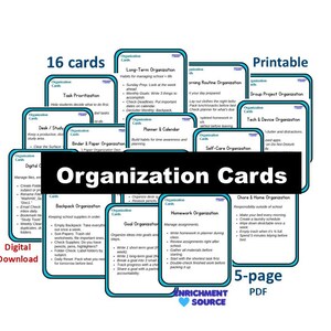 May include: A collection of organization cards with various topics, including task prioritization, desk/study, and homework organization. The cards are labeled with titles and bullet points. The image also includes the text "Organization Cards", "Digital Download", and "Printable".