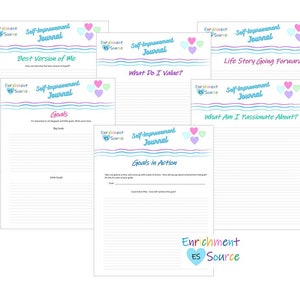 Pode incluir: Cinco p&aacute;ginas imprim&iacute;veis com um design de cora&ccedil;&atilde;o rosa, azul e verde. Cada p&aacute;gina tem o t&iacute;tulo "Di&aacute;rio de Autoaperfei&ccedil;oamento" e um prompt diferente para o di&aacute;rio. Os prompts s&atilde;o "Melhor Vers&atilde;o de Mim", "O Que Eu Valorizo?", "Hist&oacute;ria de Vida Indo para Frente", "O Que Eu Sou Apaixonado?" e "Metas em A&ccedil;&atilde;o".
