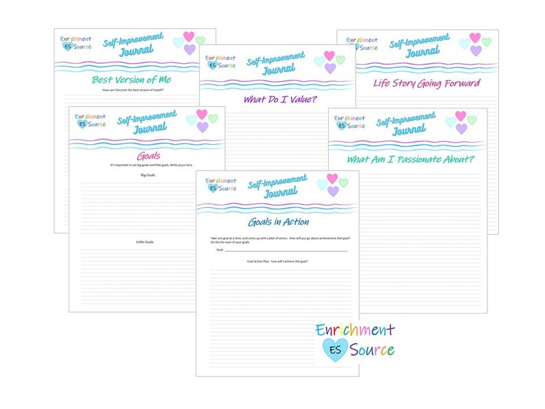 Pode incluir: Cinco p&aacute;ginas imprim&iacute;veis com um design de cora&ccedil;&atilde;o rosa, azul e verde. Cada p&aacute;gina tem o t&iacute;tulo "Di&aacute;rio de Autoaperfei&ccedil;oamento" e um prompt diferente para o di&aacute;rio. Os prompts s&atilde;o "Melhor Vers&atilde;o de Mim", "O Que Eu Valorizo?", "Hist&oacute;ria de Vida Indo para Frente", "O Que Eu Sou Apaixonado?" e "Metas em A&ccedil;&atilde;o".