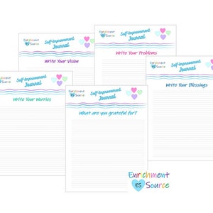 Pode incluir: Cinco p&aacute;ginas de di&aacute;rio de autoaperfei&ccedil;oamento imprim&iacute;veis com cora&ccedil;&otilde;es coloridos e o texto "Di&aacute;rio de autoaperfei&ccedil;oamento" e "Enrichment Source". Cada p&aacute;gina tem um pedido diferente: "Escreva sua vis&atilde;o", "Escreva suas preocupa&ccedil;&otilde;es", "Escreva seus problemas", "Pelo que voc&ecirc; &eacute; grato?" e "Escreva suas b&ecirc;n&ccedil;&atilde;os".