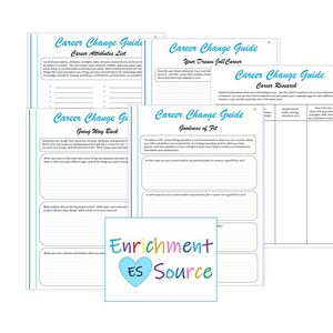 May include: A stack of white paper pages with blue borders, titled "Career Change Guide." The pages contain text and fill-in-the-blank sections for career exploration. The "Enrichment ES Source" logo is visible in the lower center.