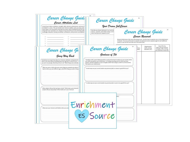 May include: A stack of white paper pages with blue borders, titled "Career Change Guide." The pages contain text and fill-in-the-blank sections for career exploration. The "Enrichment ES Source" logo is visible in the lower center.