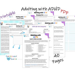 Può includere: Una guida PDF stampabile per adulti con ADHD. La guida include 40 pagine di informazioni ed esercizi su argomenti come la funzione esecutiva, la gestione dei compiti e le categorie di compiti della vita adulta. La copertina presenta un design colorato con il titolo "Adulting with ADHD" e il testo "Guide for Adults with ADHD".