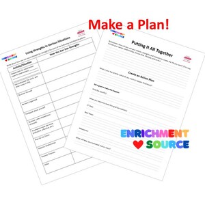 May include: Two printable worksheets for creating a plan to use your strengths. The first worksheet is titled "Using Strengths in Various Situations" and the second worksheet is titled "Putting it All Together". Both worksheets have the text "Enrichment Source" in the bottom right corner.