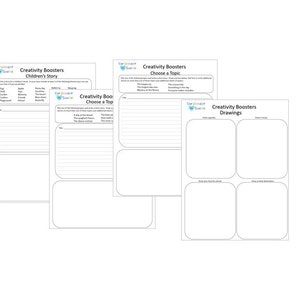 May include: A collection of white paper sheets with the text "Creativity Boosters" and prompts for children's stories, topics, and drawings. Each sheet has a logo in the upper left corner and space for writing and drawing.