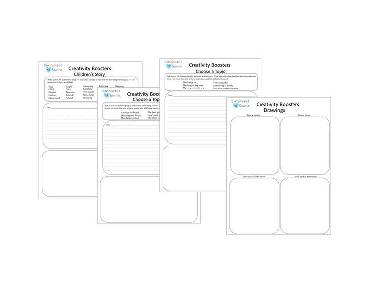 May include: A collection of white paper sheets with the text "Creativity Boosters" and prompts for children's stories, topics, and drawings. Each sheet has a logo in the upper left corner and space for writing and drawing.