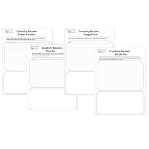 May include: A stack of white paper sheets with the text "Creativity Boosters" and prompts for writing exercises. The prompts include "Dream Vacation," "How To...", "Happy Place," and "Future You." Each sheet has lined space for writing.