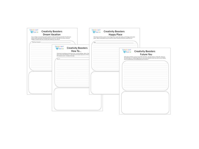 May include: A stack of white paper sheets with the text "Creativity Boosters" and prompts for writing exercises. The prompts include "Dream Vacation," "How To...", "Happy Place," and "Future You." Each sheet has lined space for writing.