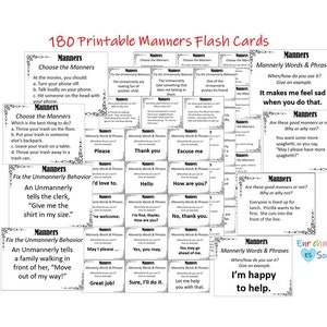 Manners Flash Cards Bundel, Afdrukbare goede manieren Flash Cards, 180 Flash Cards, Sociale vaardigheden, Counseling, OnderwijsGoede manieren, Hoffelijkheid