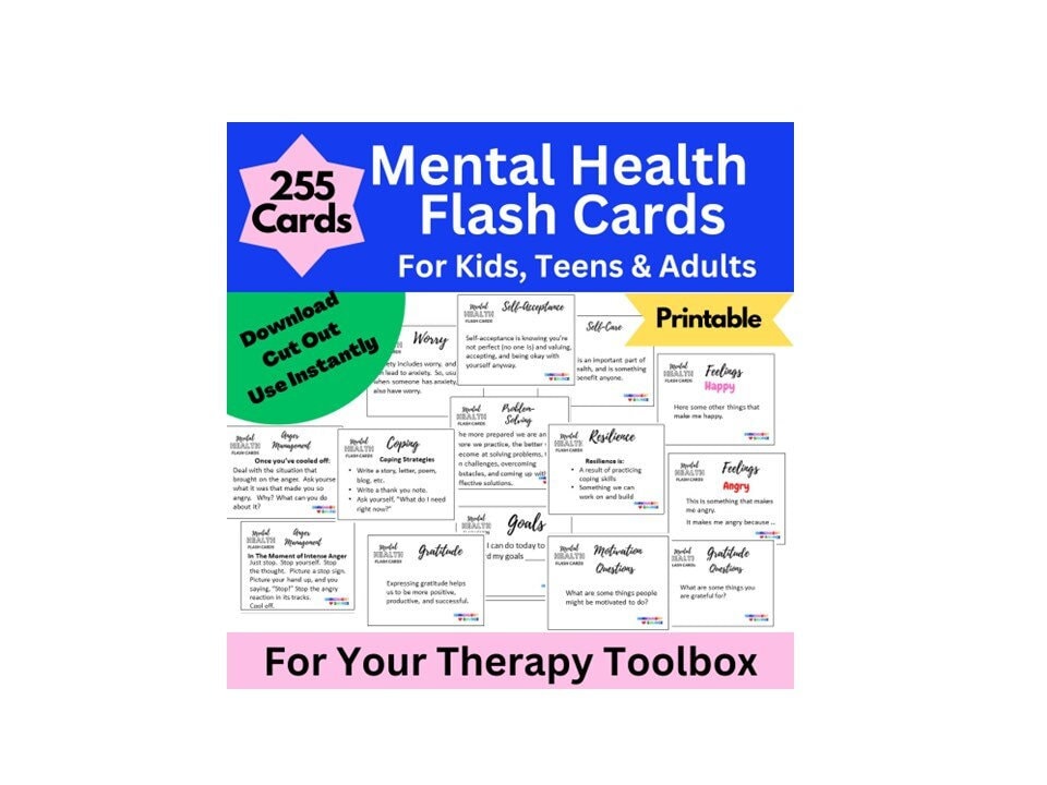 Mental Health Flash Cards, Therapy Printable Flash Card Bundle ...