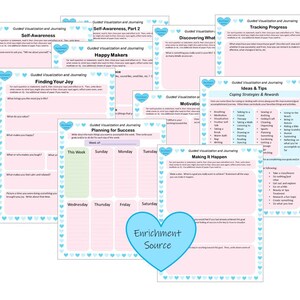 May include: A set of printable worksheets with pink and blue hearts, designed to help with guided visualization and journaling. The worksheets include prompts for self-awareness, finding joy, planning for success, tracking progress, coping strategies, motivation, and making it happen. The worksheets are titled "Guided Visualization and Journaling".