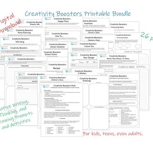 May include: A digital download of a printable bundle titled "Creativity Boosters." The bundle includes 26 pages of creative writing, thinking, drawing prompts, and activities. The bundle is designed for kids, teens, and adults.