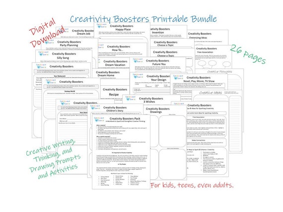 Creative Thinking, Creative Writing Workbook, Creative Thinking Prompts, Thought Provoking Worksheets, Imagination Spark Packet, Creativity