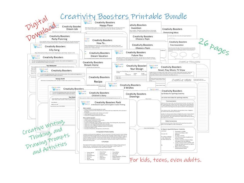 May include: A digital download of a printable bundle titled "Creativity Boosters." The bundle includes 26 pages of creative writing, thinking, drawing prompts, and activities. The bundle is designed for kids, teens, and adults.
