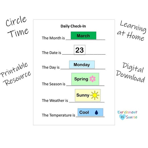 Tägliches Einchecken, Tägliche Kreiszeit, Kalenderzeit, Individueller Kalender, Datum, Tag, Wetter, Temperatur, Heimschulressource, Kinder lernen