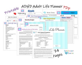 Organizador de planejador de vida para adultos com TDAH para impressão, ADICIONE pacote completo de pasta para adultos com TDAH, planejador com tudo incluído, transtorno de déficit de atenção adulto