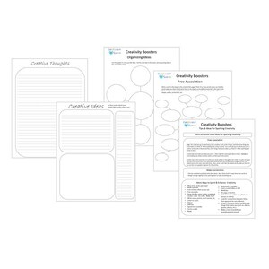 May include: A collection of white paper sheets with printed text and lined pages. The sheets include the phrases "Creative Thoughts", "Creative Ideas", and "Creativity Boosters" with diagrams and lists for organizing ideas and sparking creativity.