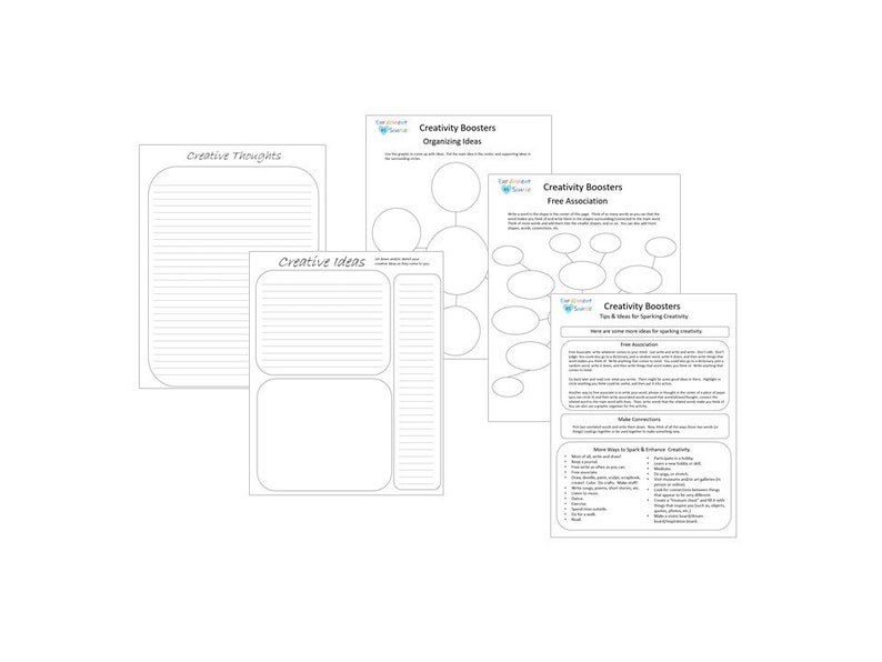May include: A collection of white paper sheets with printed text and lined pages. The sheets include the phrases "Creative Thoughts", "Creative Ideas", and "Creativity Boosters" with diagrams and lists for organizing ideas and sparking creativity.