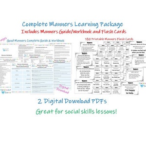 Manners Lesson Bundle Digital Download, Complete Guide to Good Manners, Printable Manners Guide, Workbook and Flash Cards, Manners Lessons