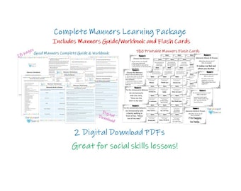 Manners Lesson Bundle Digital Download, Complete Guide to Good Manners, Printable Manners Guide, Workbook and Flash Cards, Manners Lessons