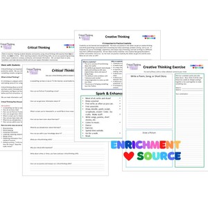 K&ouml;nnte beinhalten: Ein druckbares Arbeitsblatt mit dem Titel "Creative Thinking Exercise" und Anweisungen zum "Schreiben eines Gedichts, Liedes oder einer Kurzgeschichte". Das Arbeitsblatt enth&auml;lt auch einen Abschnitt f&uuml;r "Spark & Enhance" mit Aufforderungen zum kreativen Denken und einen Abschnitt f&uuml;r "Zeichne ein Bild". Das Arbeitsblatt stammt von Enrichment Source.