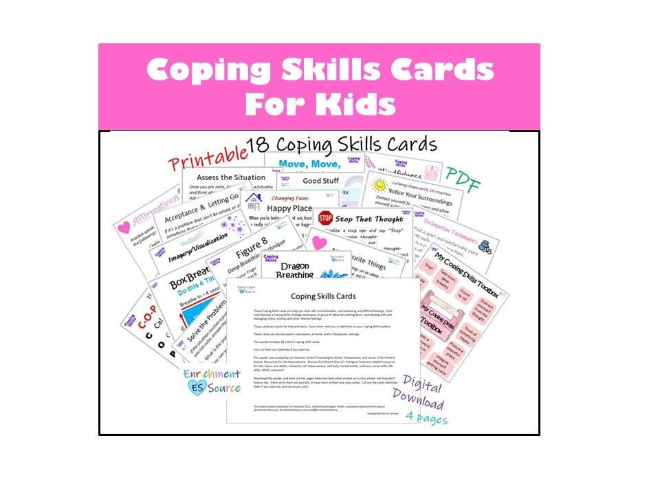 Coping Skills Cards Set, 18 Cards for Managing Stress, Worry, Anxiety, Depression, Sadness, Intense Feelings, Coping Strategies, Techniques