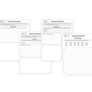 May include: White paper sheets with the text "Creativity Boosters" and writing prompts. The prompts include topics like "Fantasy World", "Your Restaurant", and "Silly Song". Each sheet has lined spaces for writing.