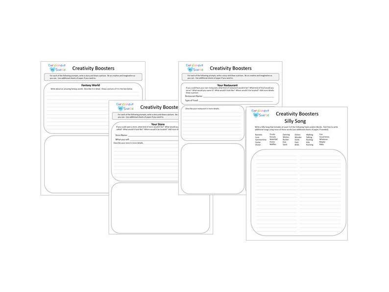 May include: White paper sheets with the text "Creativity Boosters" and writing prompts. The prompts include topics like "Fantasy World", "Your Restaurant", and "Silly Song". Each sheet has lined spaces for writing.